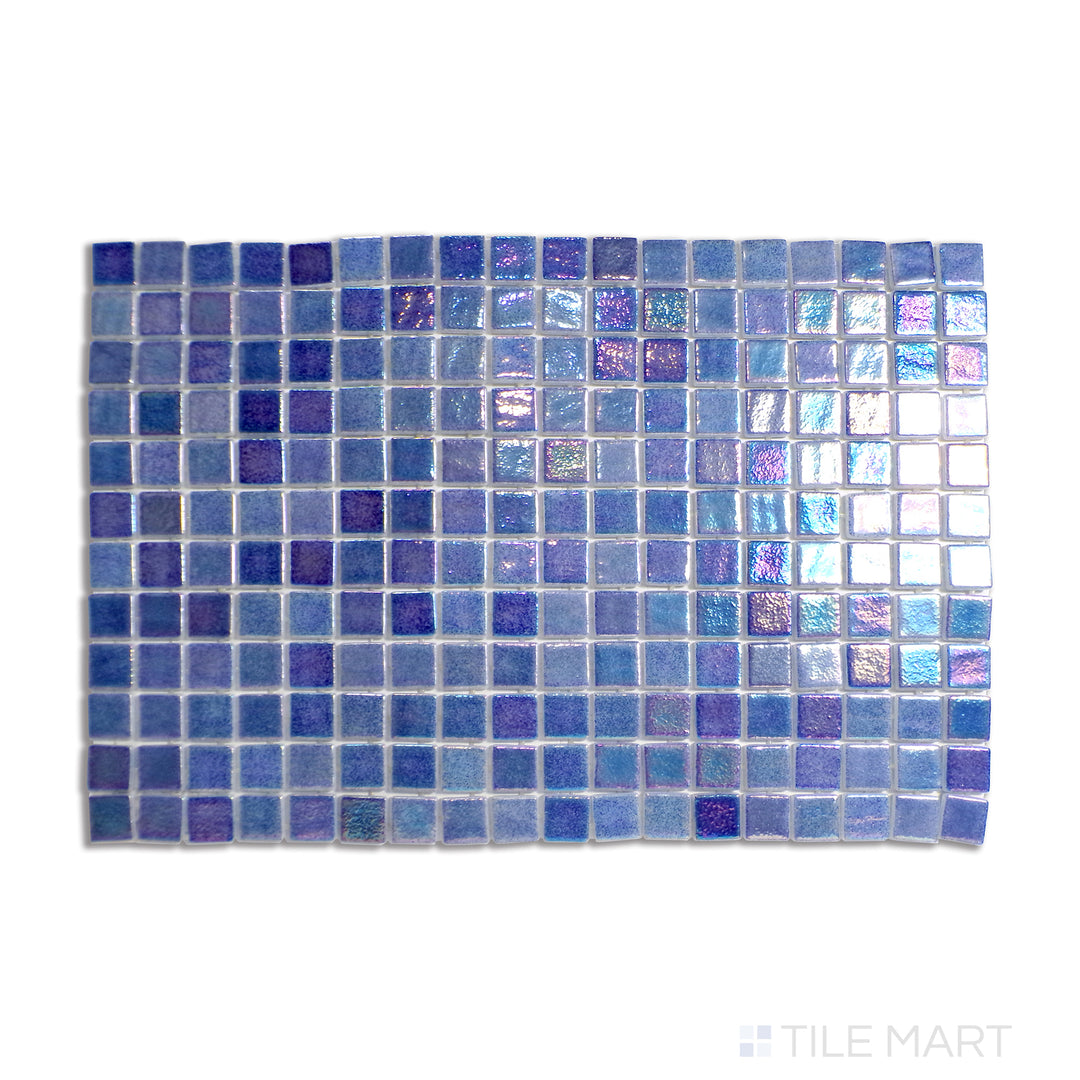 Rich marine blue tones shimmer across this glossy glass mosaic, arranged in a 1-inch square format and presented from a top-down view.