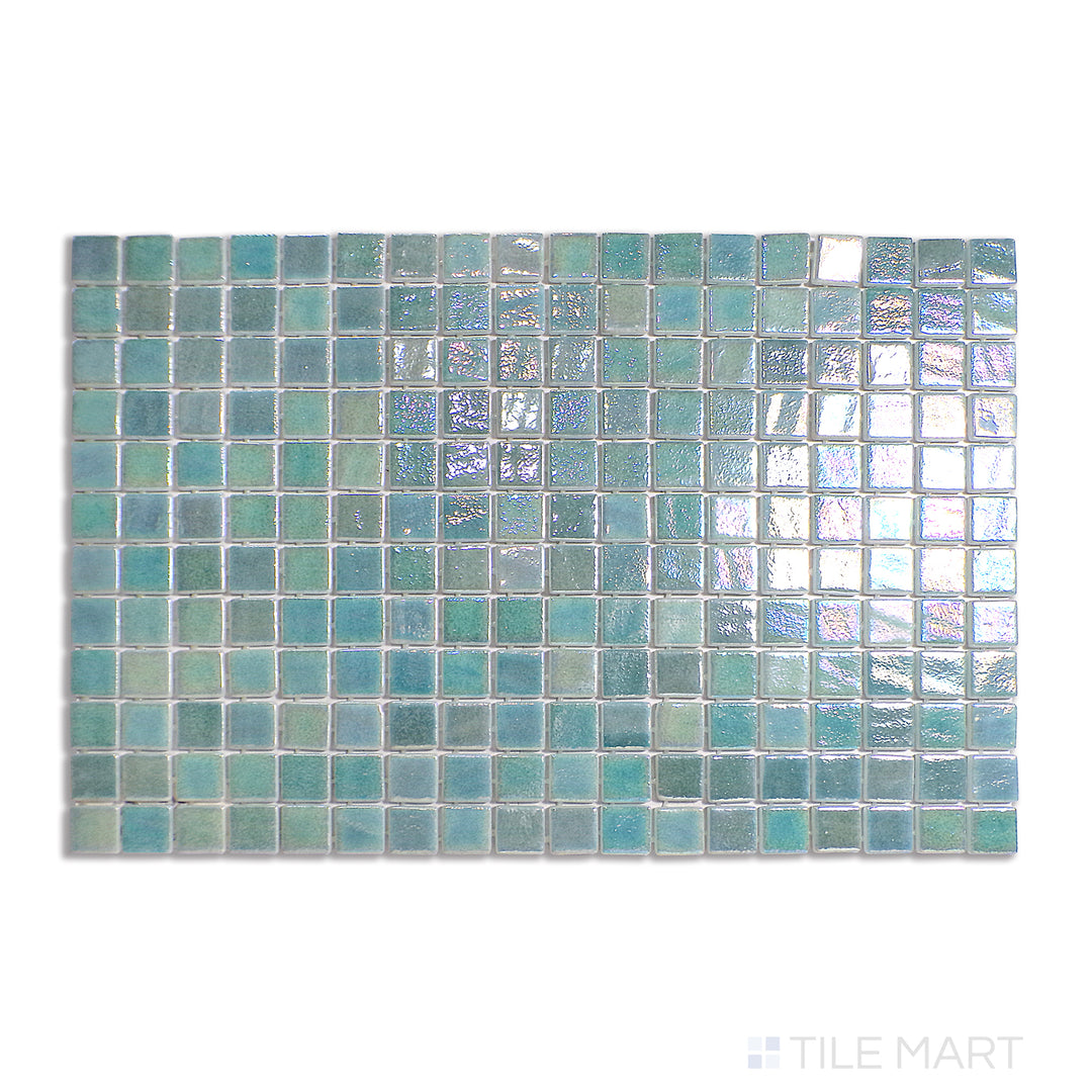 A deep green opalescent mosaic with a high-gloss finish, structured in a neat 1-inch square layout and displayed from an overhead angle.