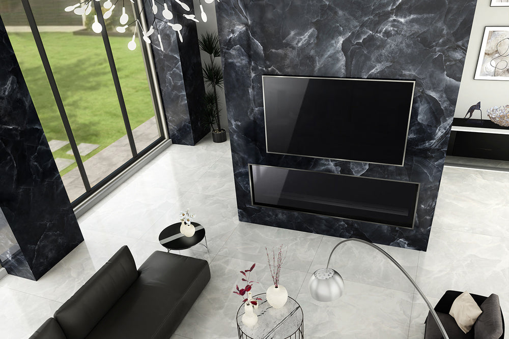 A luxurious and dramatic interior showcasing Onyx Black 24X48 polished porcelain, exuding high-end elegance with its deep, glossy finish.