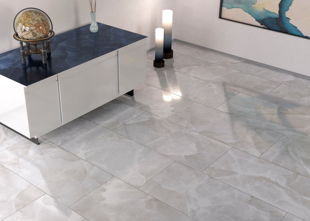 A sophisticated and luminous setting featuring Onyx White 24X48 polished porcelain, perfect for creating a spacious and refined look.