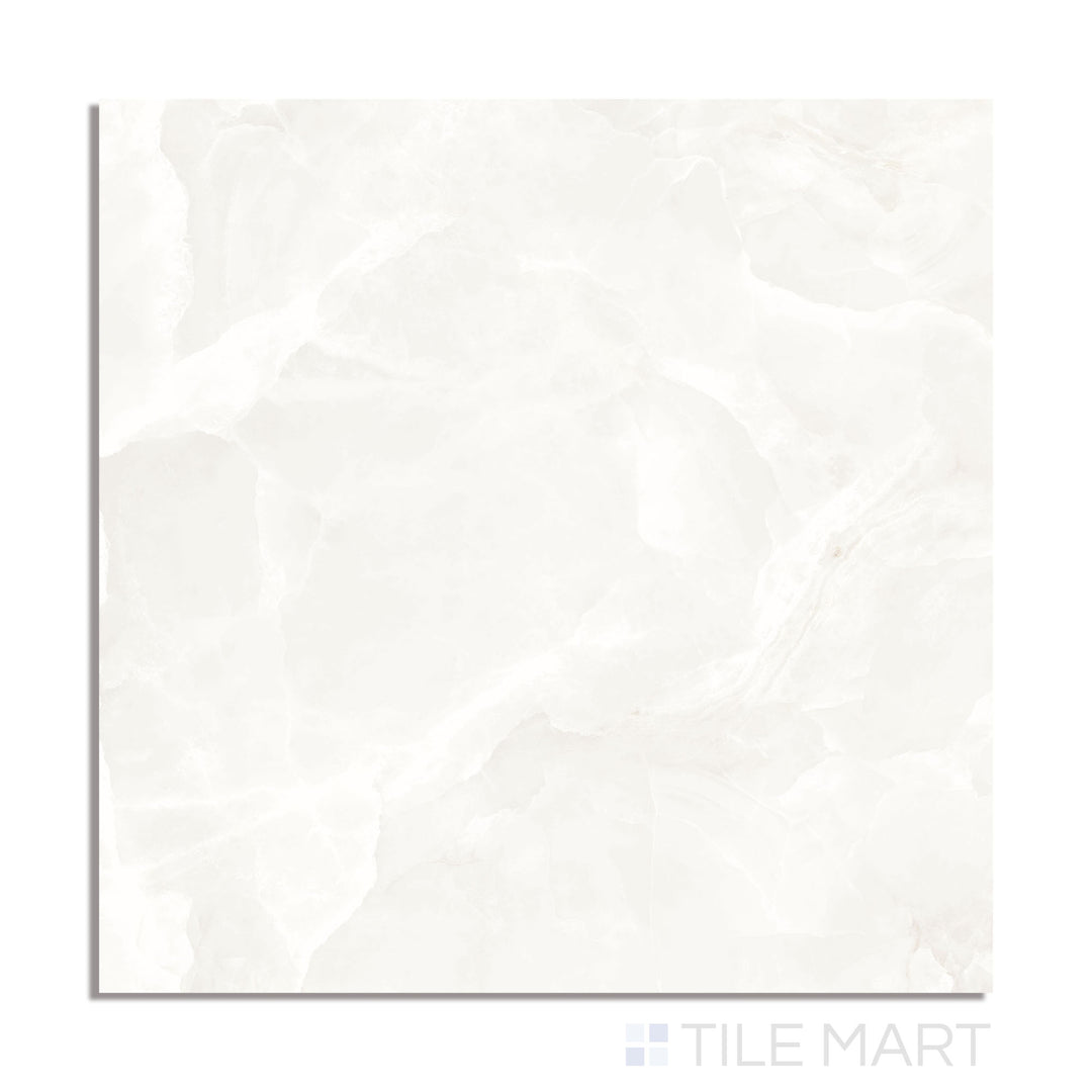A grand 48x48 white polished porcelain tile with onyx-like detailing, shown from a top-down view to emphasize its high-gloss finish and elegant design.