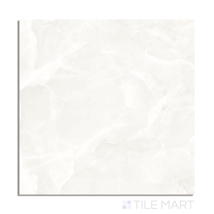 A grand 48x48 white polished porcelain tile with onyx-like detailing, shown from a top-down view to emphasize its high-gloss finish and elegant design.