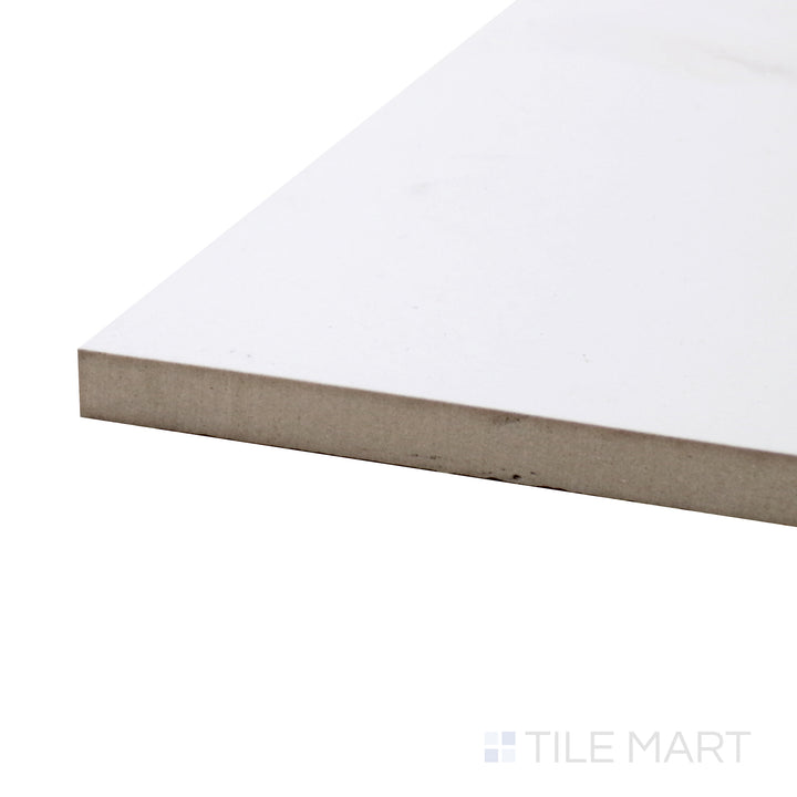 A corner perspective of the Pearl Super White 24x48 polished porcelain tile emphasizes its high-gloss surface and seamless finish, making it an ideal choice for modern designs.