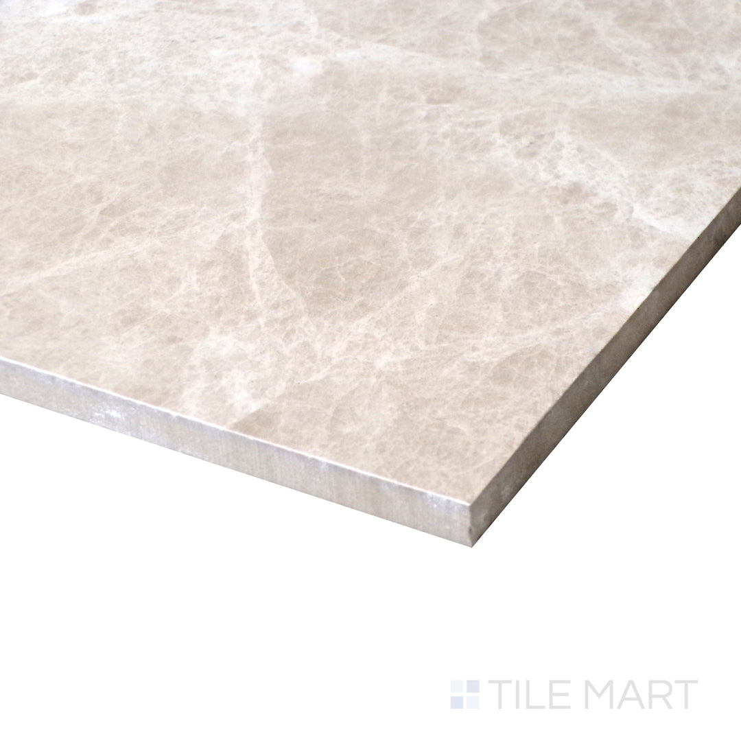 Side close-up reflecting the warm undertones and natural movement of Polished Marble Emperador Light 48X48 porcelain tile.