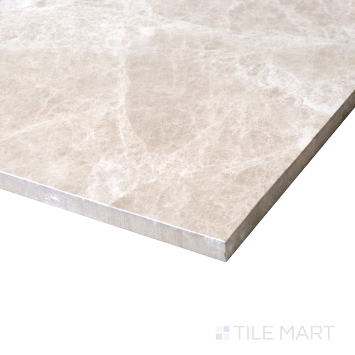 Side close-up reflecting the warm undertones and natural movement of Polished Marble Emperador Light 48X48 porcelain tile.