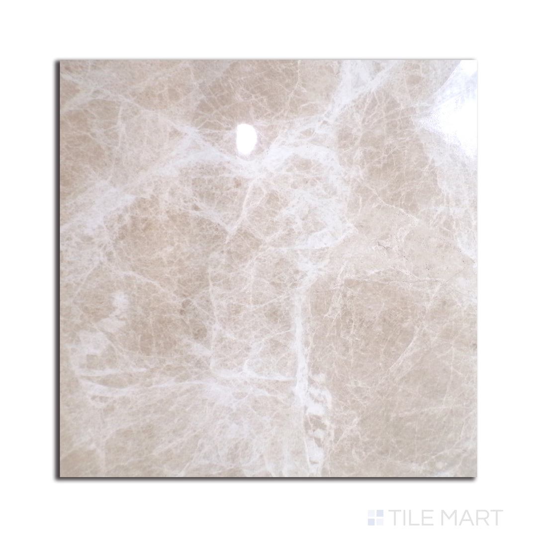 A soft beige Emperador Light polished porcelain tile in a spacious 48x48 size, displayed from a top-down perspective to highlight its refined veining and shine.