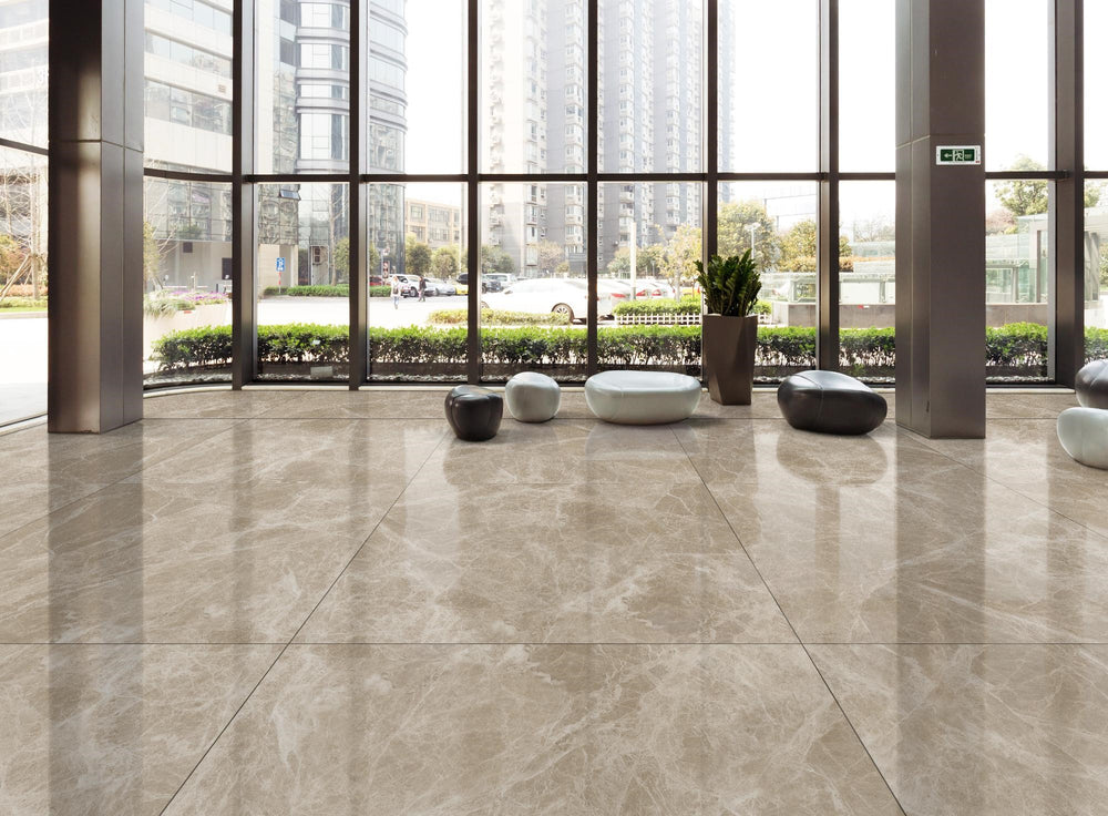 A refined and elegant interior featuring Polished Marble Emperador Light 48X48 porcelain, combining warmth and sophistication with a glossy finish.