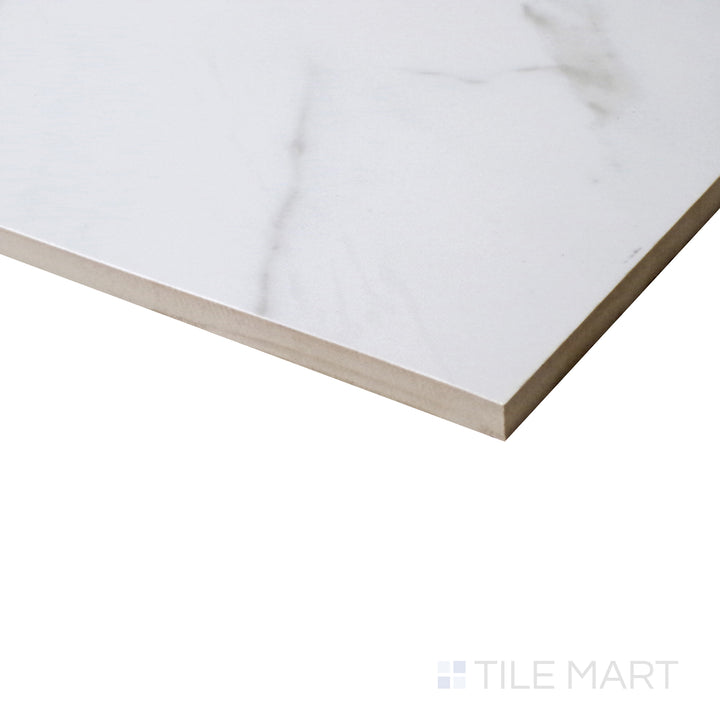 Tilted shot showcasing the crisp white surface and bold veining of Polished Marble Statuario Venato 48X48 porcelain tile.