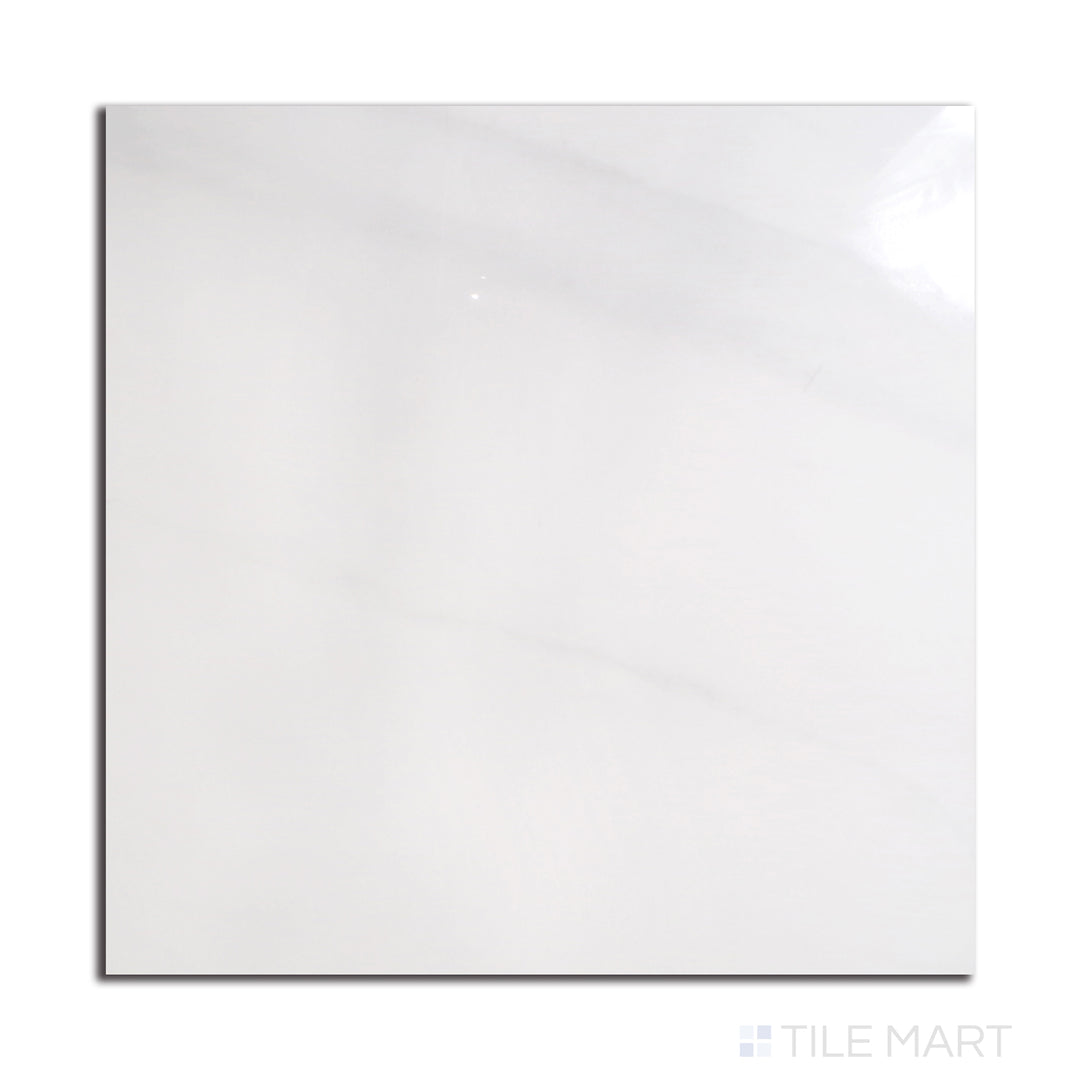 A grand 48x48 polished porcelain tile mimicking Statuario Venato marble, with striking grey veining on a bright white background, shown from an overhead view.