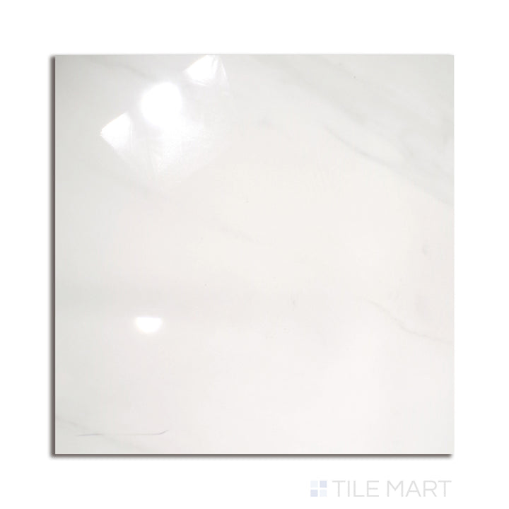 A striking 24x24 Calacatta-inspired polished porcelain tile, boasting bold grey veining on a luminous white background, presented from a top-down perspective.