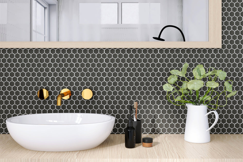 A modern and sophisticated space featuring Porcelain Glazed Mosaics Black 1