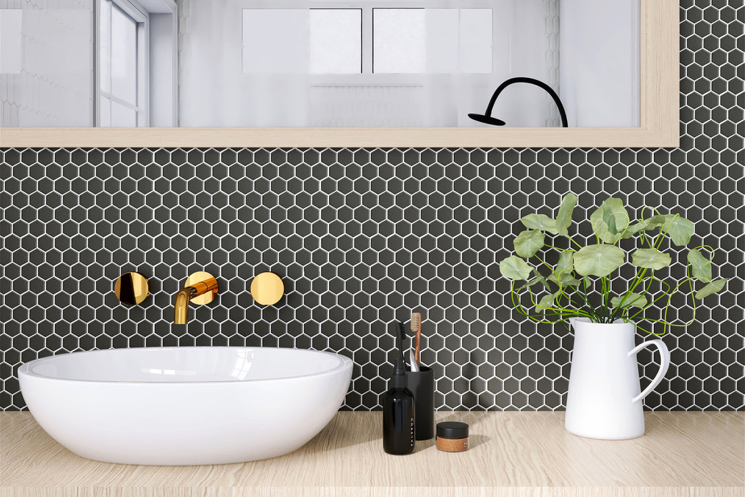 A modern and sophisticated space featuring Porcelain Glazed Mosaics Black 1" Hexagon Matte, adding bold contrast with geometric appeal.