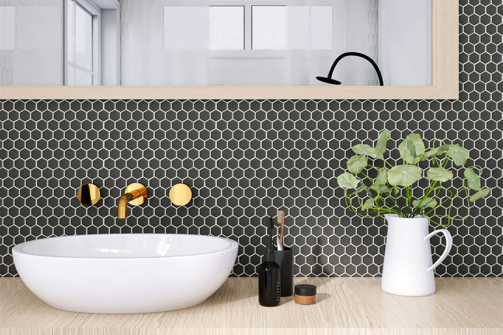 A modern and sophisticated space featuring Porcelain Glazed Mosaics Black 1" Hexagon Matte, adding bold contrast with geometric appeal.