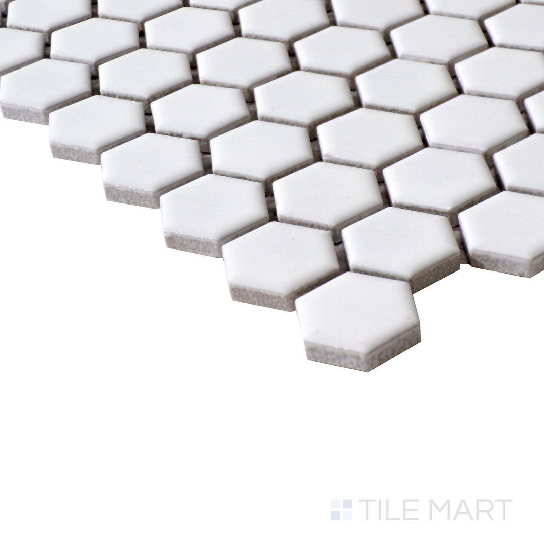 Side perspective highlighting the crisp, clean look of Porcelain Glazed White 1" Hexagon Matte mosaic.