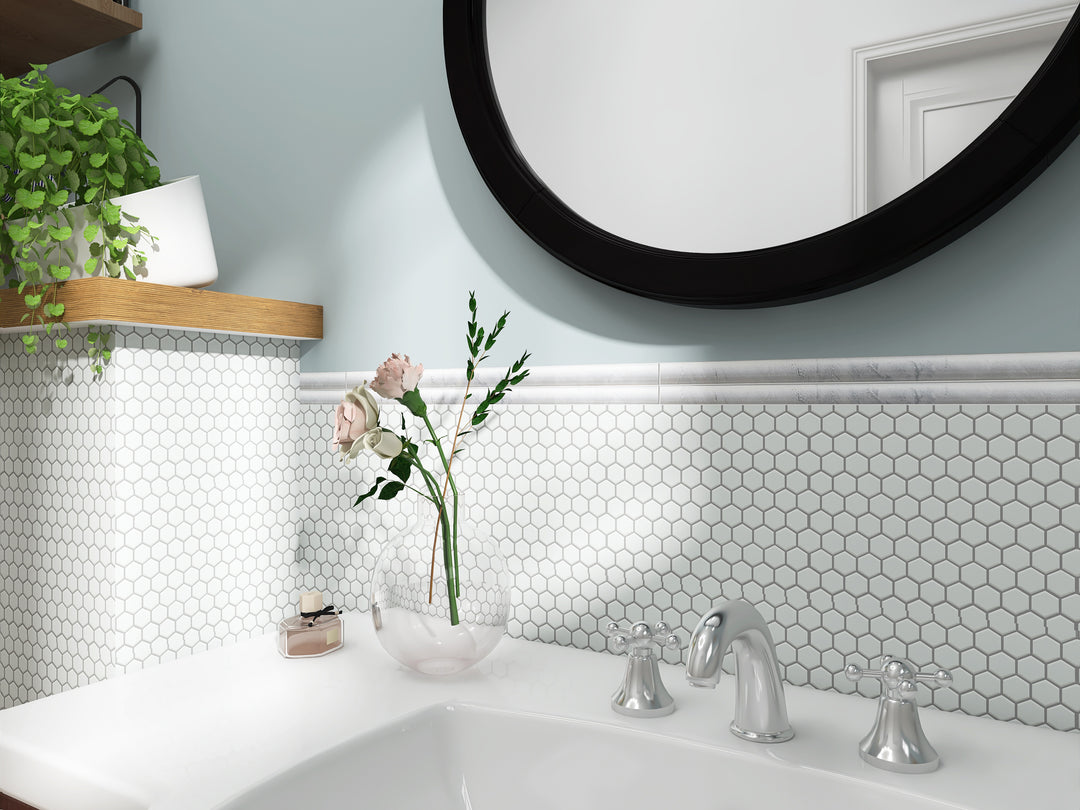 A crisp and fresh setting with Porcelain Glazed Mosaics White 1" Hexagon Matte, bringing brightness and refined texture to the space.
