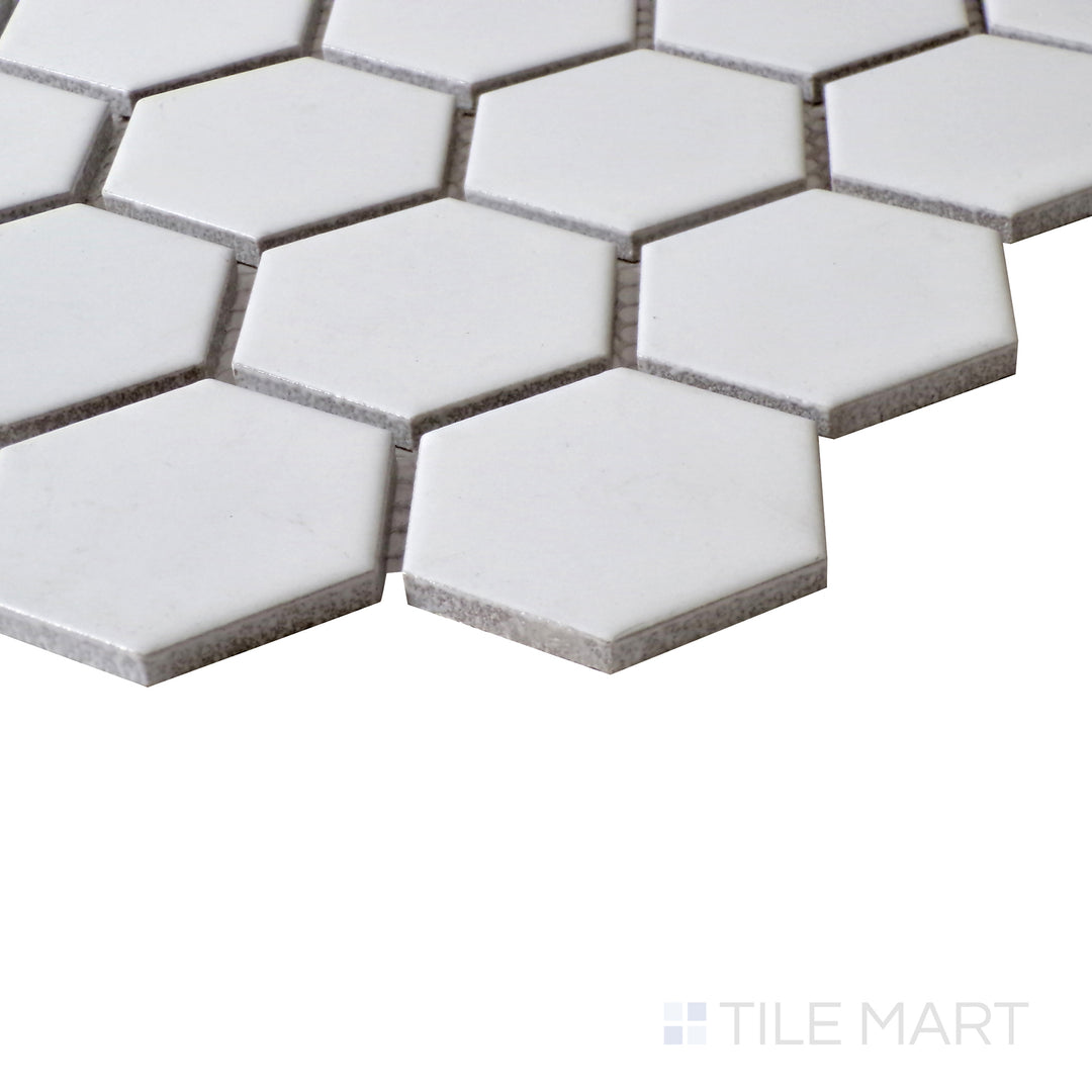 Angled perspective reflecting the timeless elegance of Porcelain Glazed White 2" Hexagon Matte mosaic.