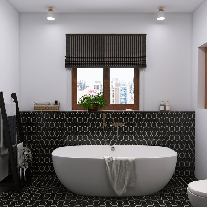 A bold and contemporary look featuring Porcelain Glazed Mosaics Black 4" Hexagon Matte, creating a striking visual impact.