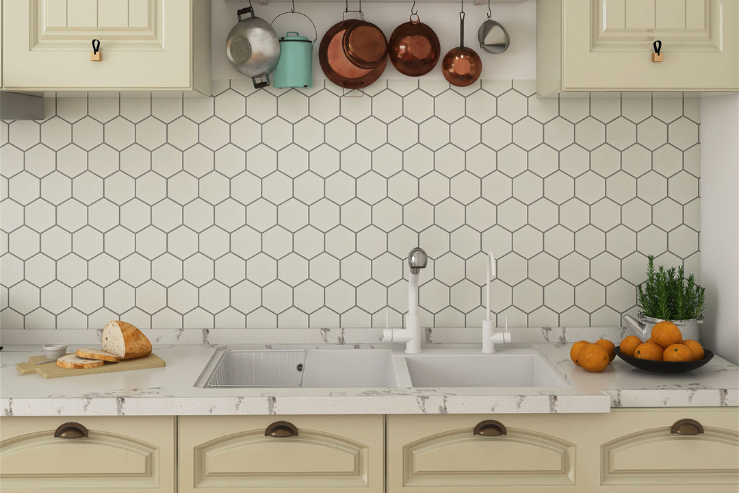 A bright and refreshing space with Porcelain Glazed Mosaics White 4" Hexagon Matte, perfect for adding depth and texture.