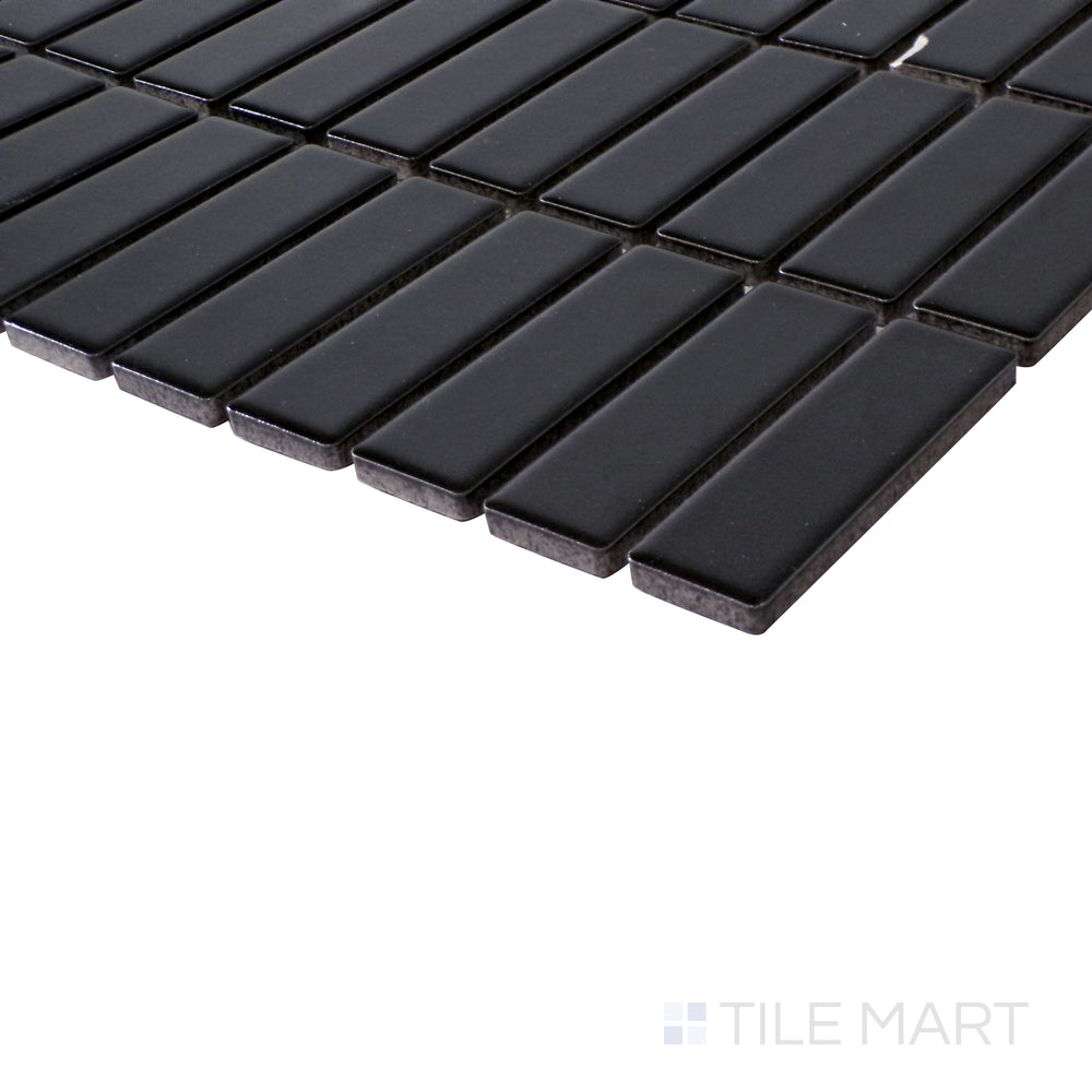 Tilted view showcasing the structured design of Porcelain Glazed Black Grid Matte mosaic.