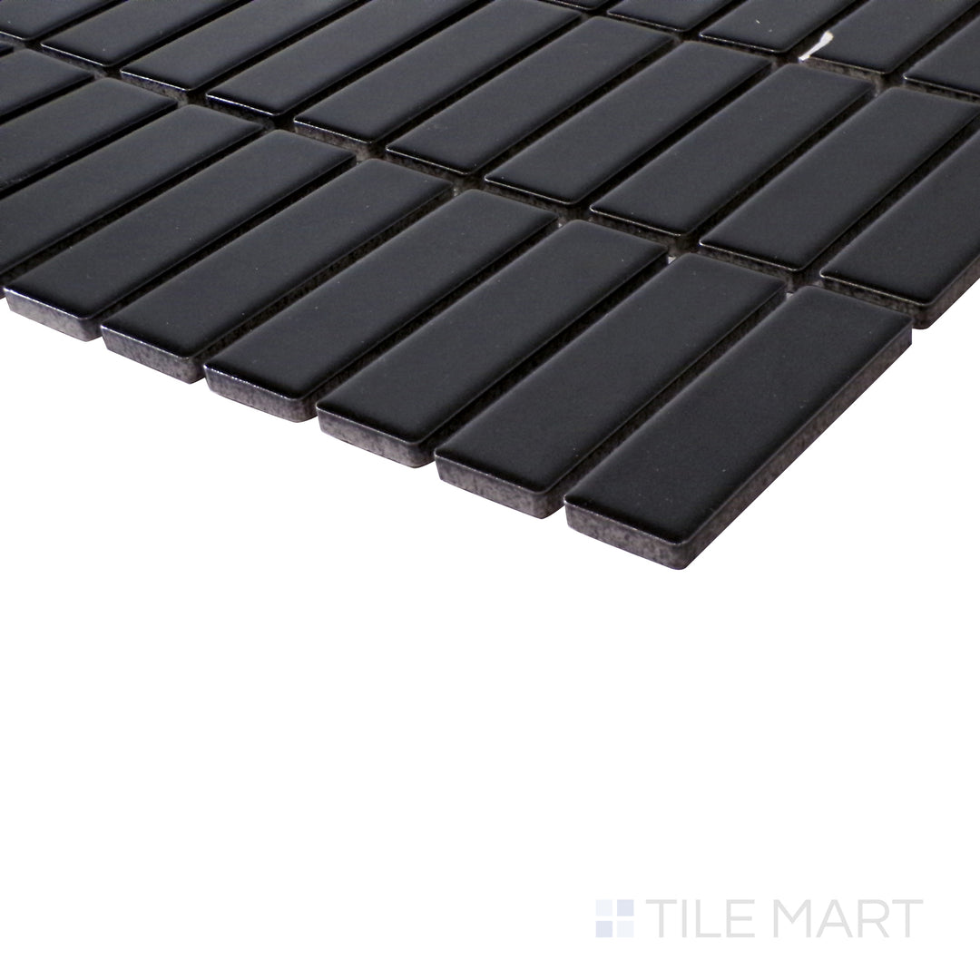 Tilted view showcasing the structured design of Porcelain Glazed Black Grid Matte mosaic.