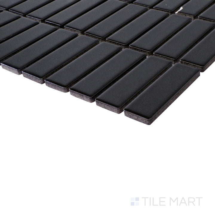 Tilted view showcasing the structured design of Porcelain Glazed Black Grid Matte mosaic.