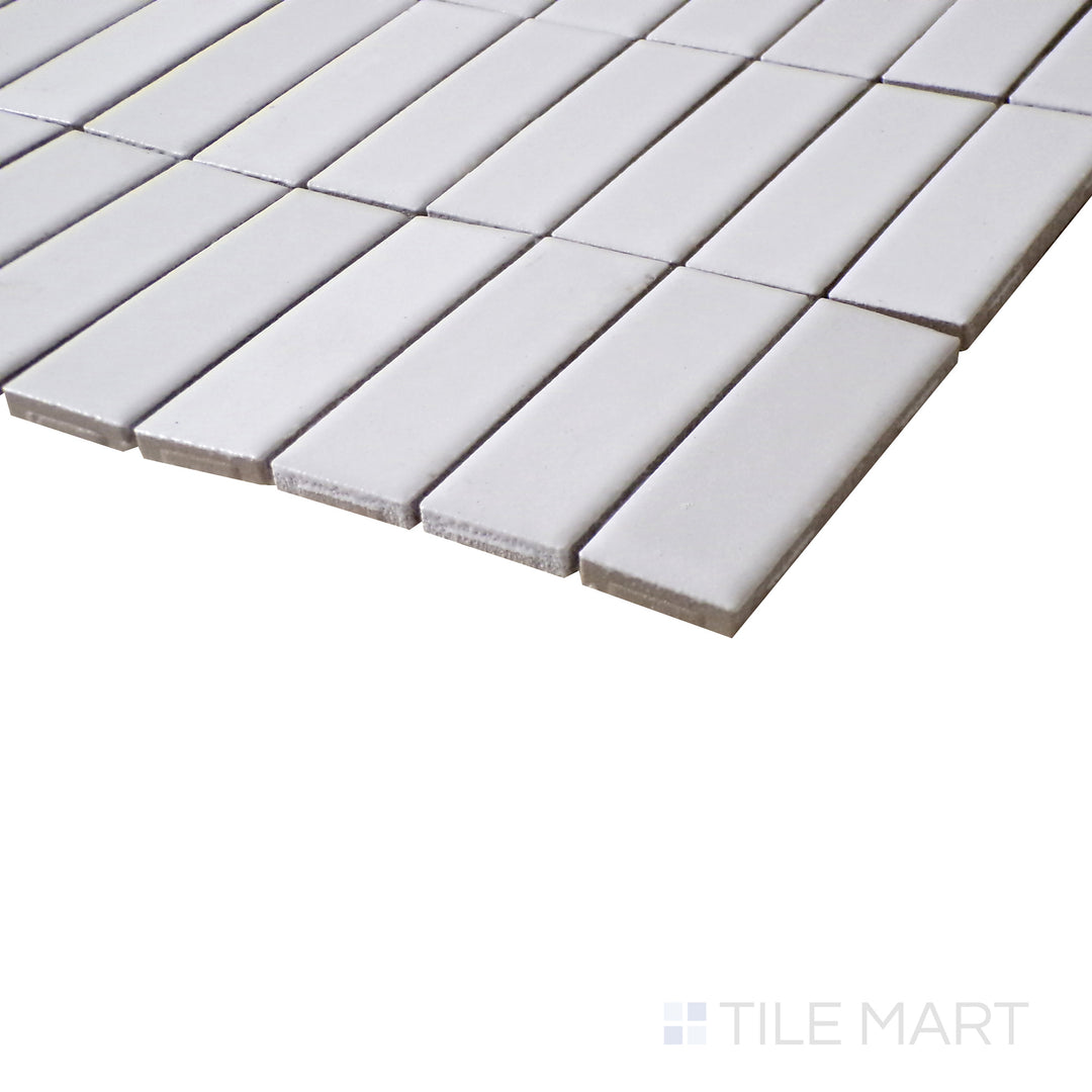Angled close-up capturing the clean, minimalist look of Porcelain Glazed White Grid Matte mosaic.