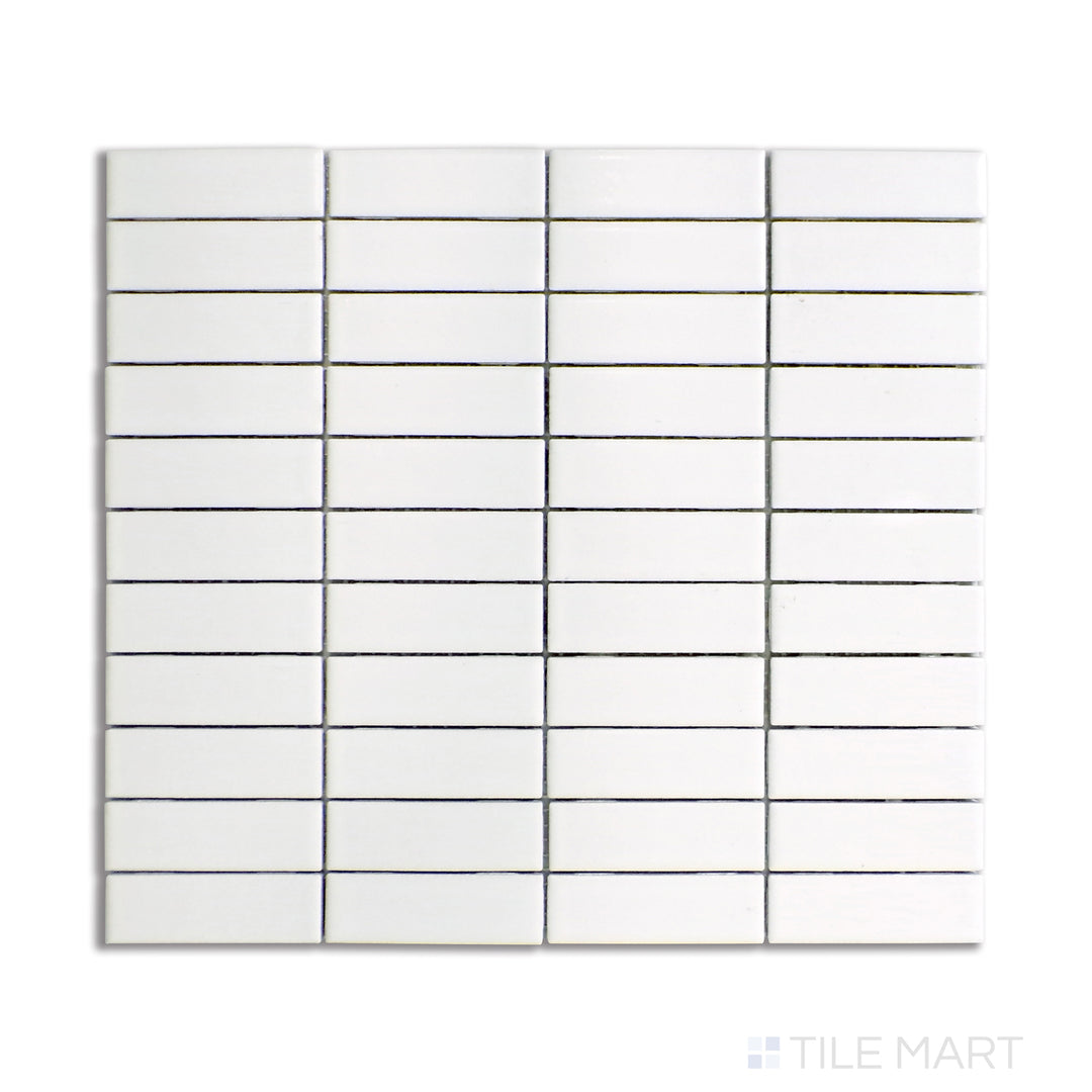 A clean white matte porcelain mosaic in a structured grid format, displayed from above to showcase its even layout and crisp design.
