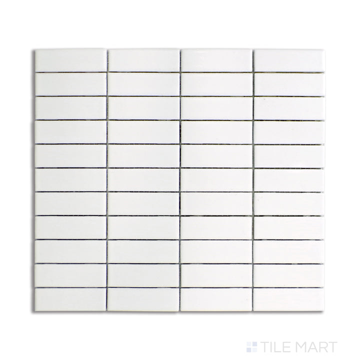 A clean white matte porcelain mosaic in a structured grid format, displayed from above to showcase its even layout and crisp design.