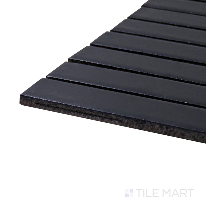 A corner shot of the Porcelain Glazed Mosaics Black Grid Matte tile showcases its deep black finish and structured grid design, offering a bold and modern aesthetic.