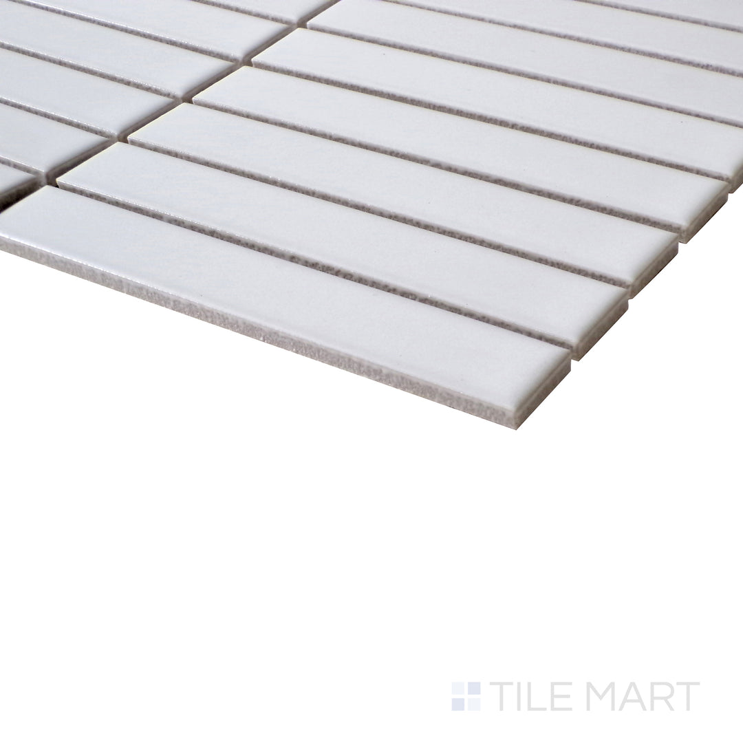 Tilted perspective capturing the clean and versatile design of Porcelain Glazed White Grid Matte mosaic.