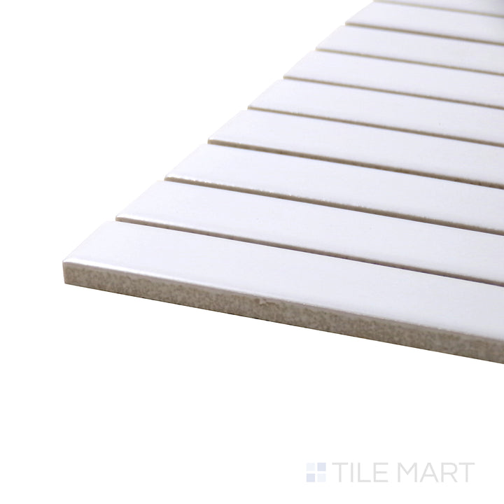 A corner perspective of the Porcelain Glazed Mosaics White Grid Matte tile showcases its bright white finish and geometric grid pattern, adding a crisp and clean look.