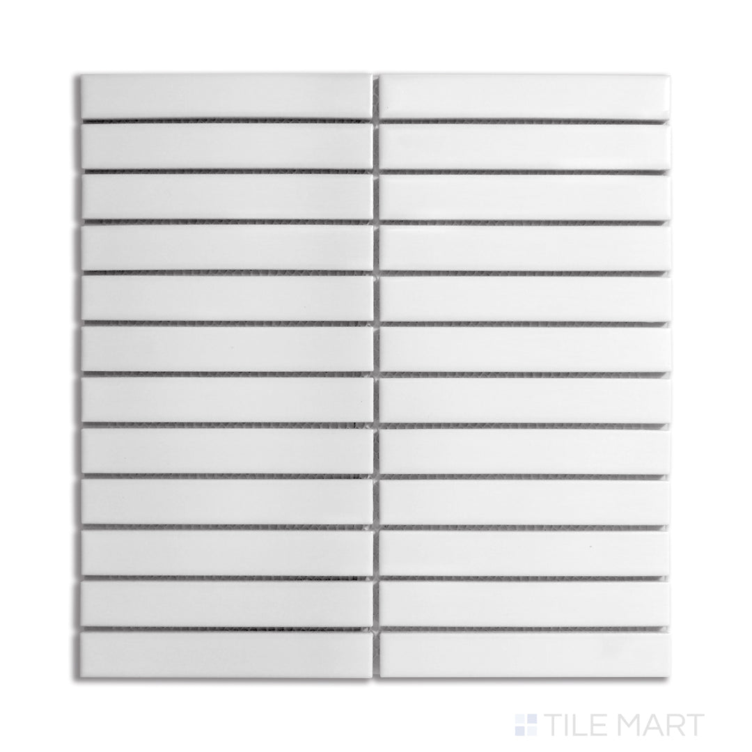 A bright white matte porcelain mosaic in a structured grid layout, viewed from above to showcase its clean lines and minimalist appeal.