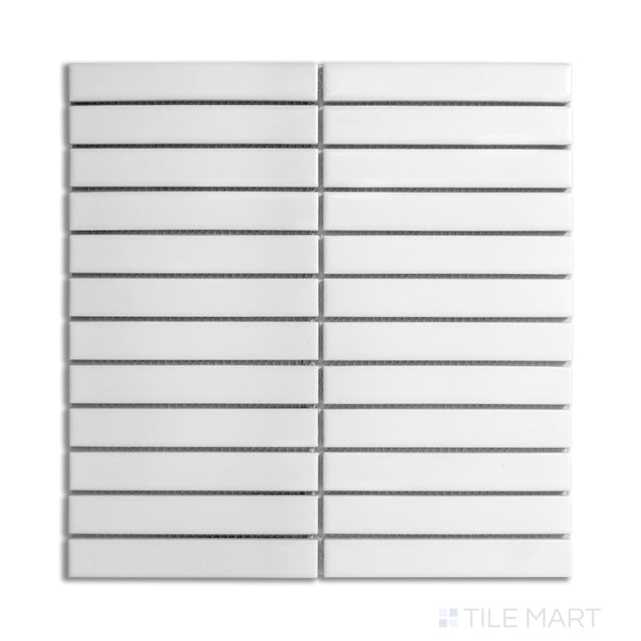 A bright white matte porcelain mosaic in a structured grid layout, viewed from above to showcase its clean lines and minimalist appeal.