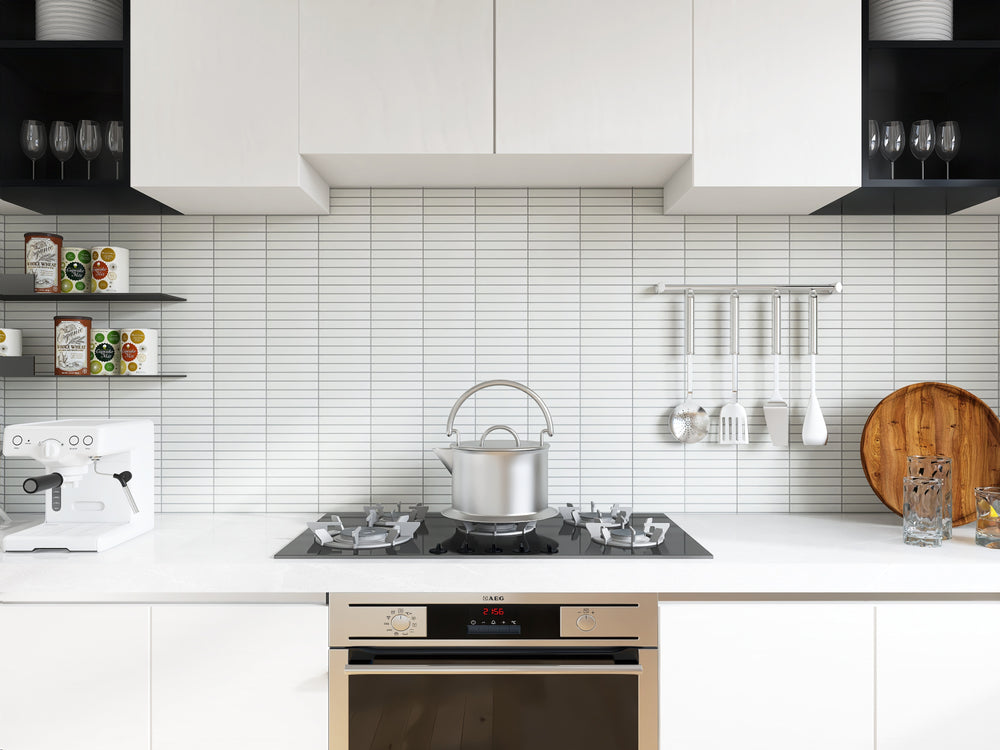 A bright and structured ambiance featuring Porcelain Glazed Mosaics White Grid Matte, delivering a crisp and modern aesthetic with a clean geometric pattern.