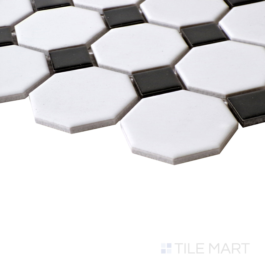 Side view capturing the striking contrast of Porcelain Glazed White With Black Dot 2" Octagon Matte mosaic.