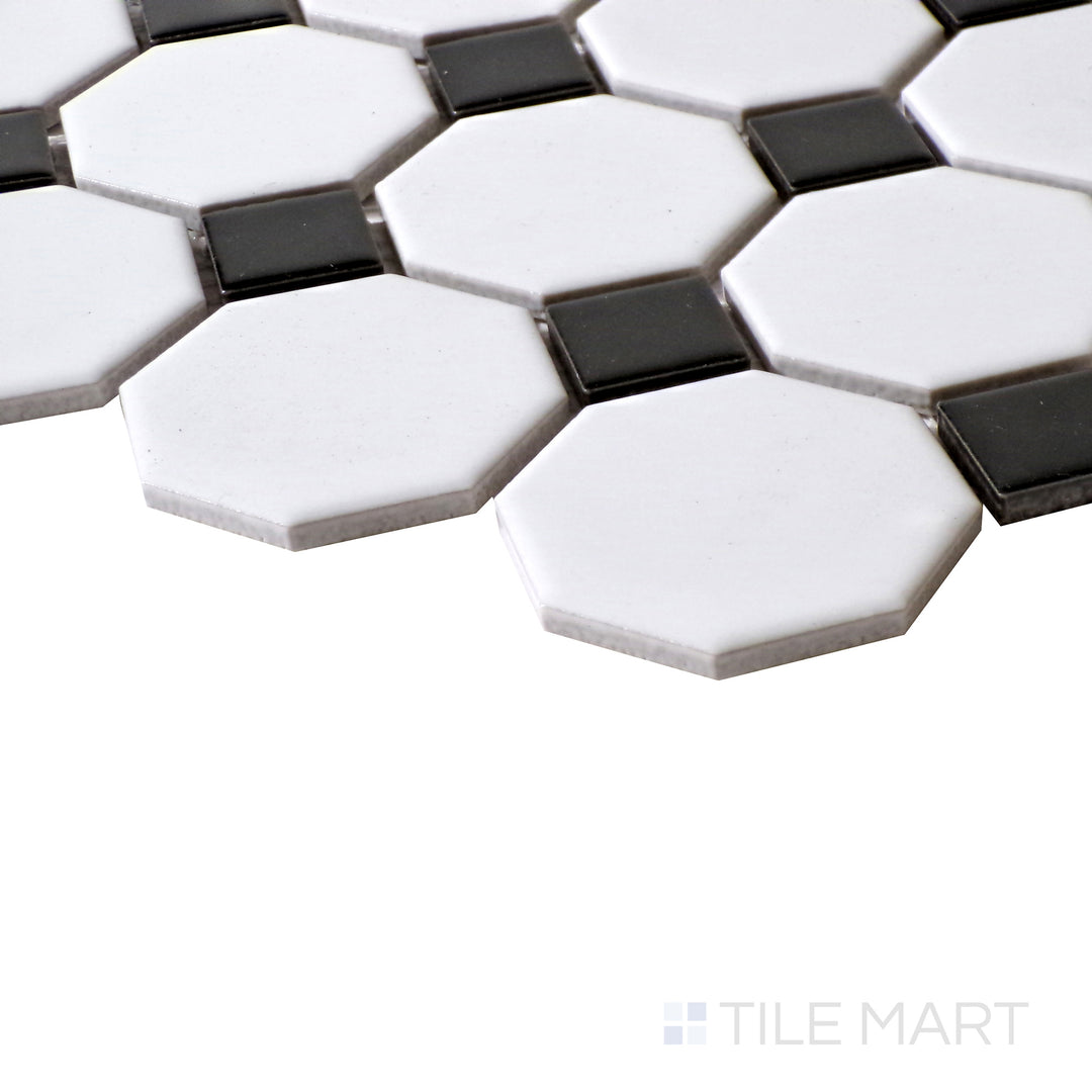 Porcelain Glazed Mosaics 2X2 Octagon Porcelain Mosaic 12X12 White With Black Dot Matte