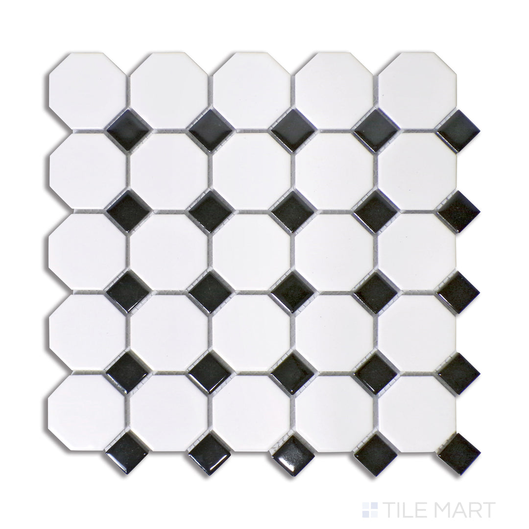 Top-down view of a white porcelain octagon mosaic tile with contrasting black dot accents, finished in a matte glaze for a refined look.