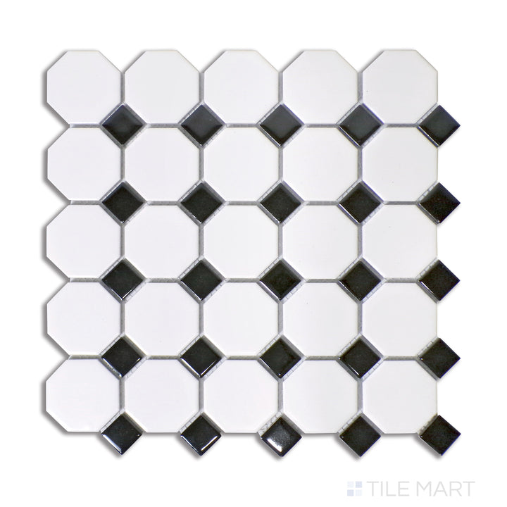 Top-down view of a white porcelain octagon mosaic tile with contrasting black dot accents, finished in a matte glaze for a refined look.