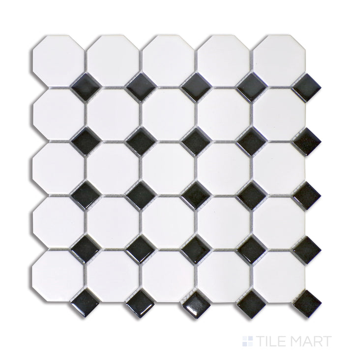 Porcelain Glazed Mosaics 2X2 Octagon Porcelain Mosaic 12X12 White With Black Dot Matte