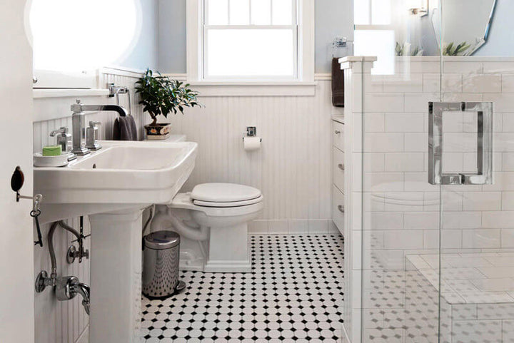 A vintage-inspired and sophisticated space with Porcelain Glazed Mosaics White With Black Dot 2" Octagon Matte, evoking timeless charm.