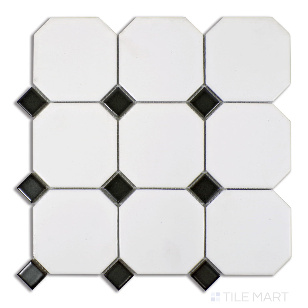 Aerial perspective of 4-inch white octagon-shaped glazed porcelain tiles, accented with small black dots, offering a modern matte texture.
