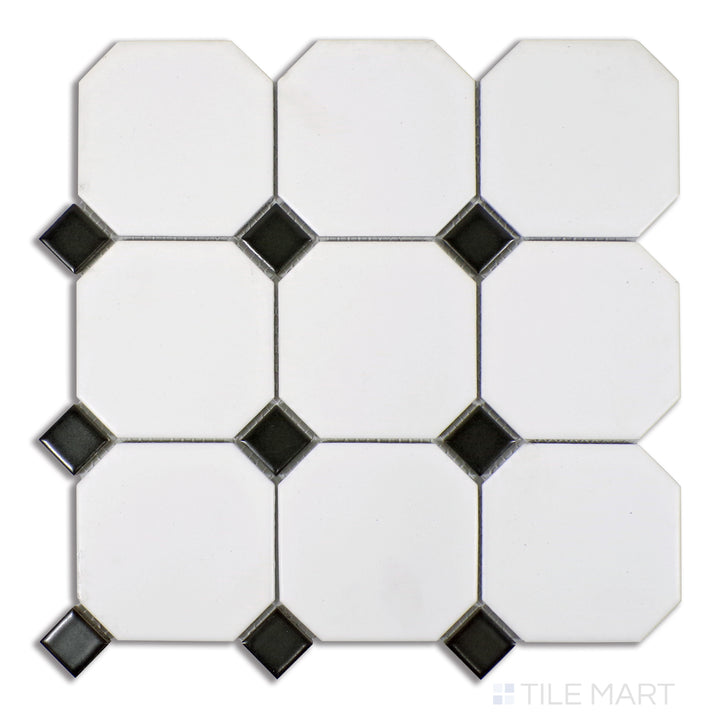 Aerial perspective of 4-inch white octagon-shaped glazed porcelain tiles, accented with small black dots, offering a modern matte texture.