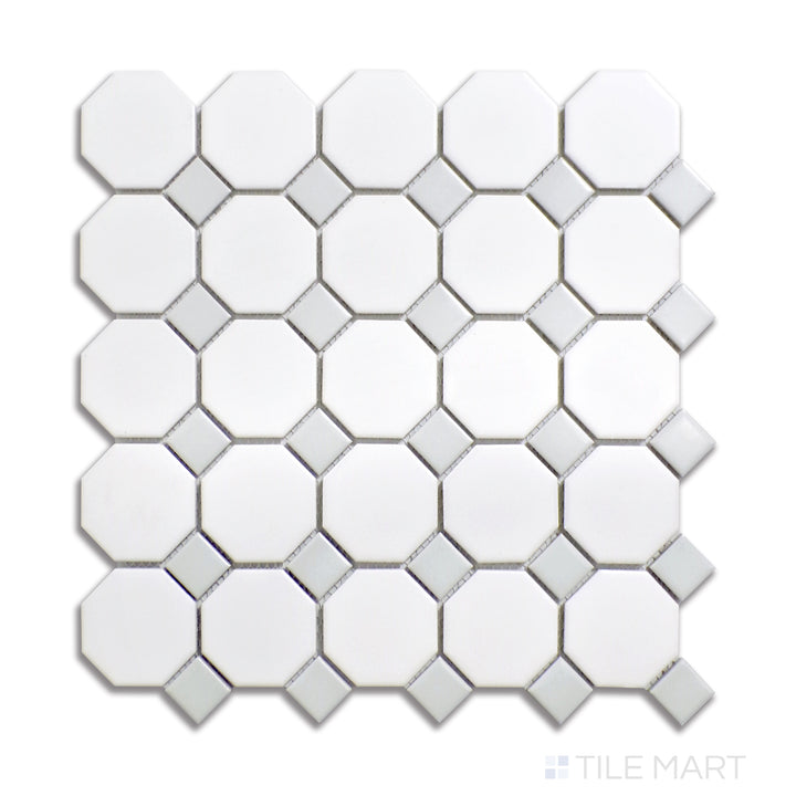 Overhead shot of white porcelain octagon mosaic tiles with subtle gray dots, featuring a soft matte finish that enhances its minimalist appeal.
