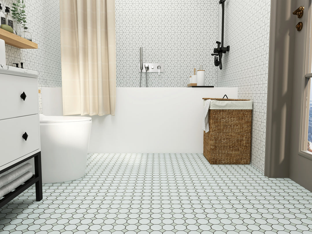 A refined and balanced design featuring Porcelain Glazed Mosaics White With Gray Dot 2" Octagon Matte, merging soft contrasts and geometric appeal.