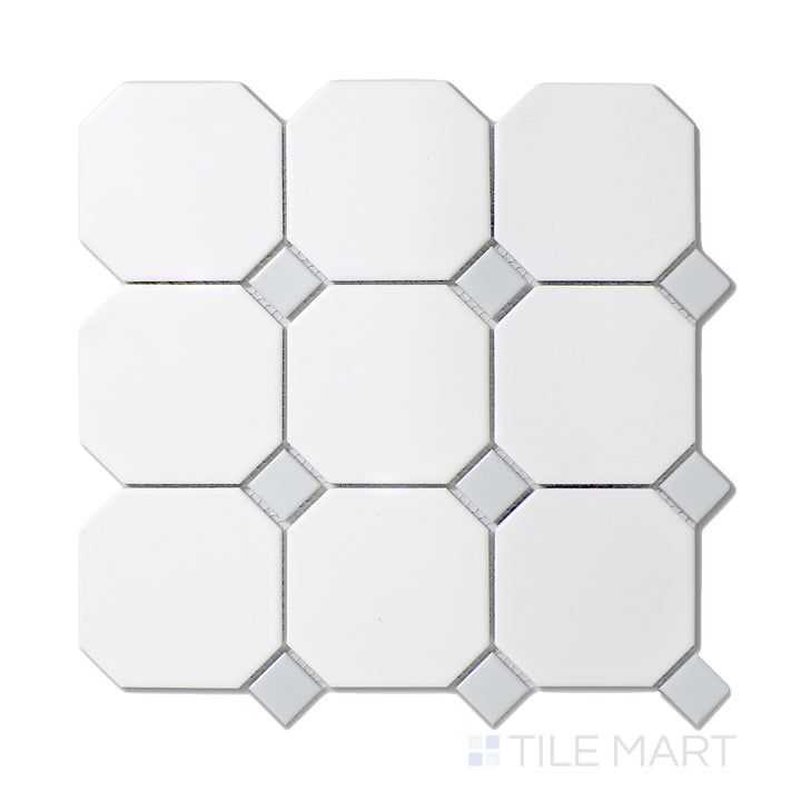 Flat-lay view of 4-inch octagon mosaic tiles in white porcelain, highlighted by gray dot detailing, finished with a sleek matte surface.