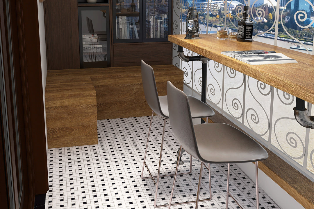 A stylish and patterned aesthetic with Porcelain Glazed Mosaics White With Black Dot Pinwheel Matte, adding movement and dimension to the design.