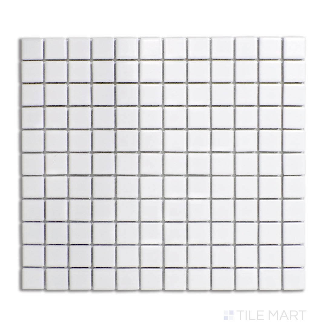 Aerial shot of 1-inch square white matte porcelain mosaic tiles, providing a clean and minimalistic appearance.