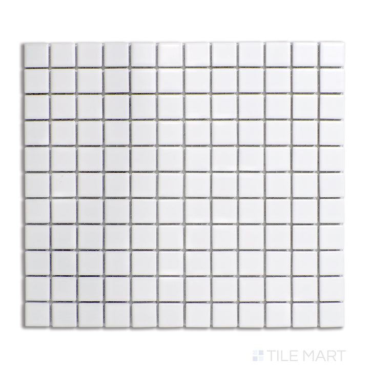 Aerial shot of 1-inch square white matte porcelain mosaic tiles, providing a clean and minimalistic appearance.