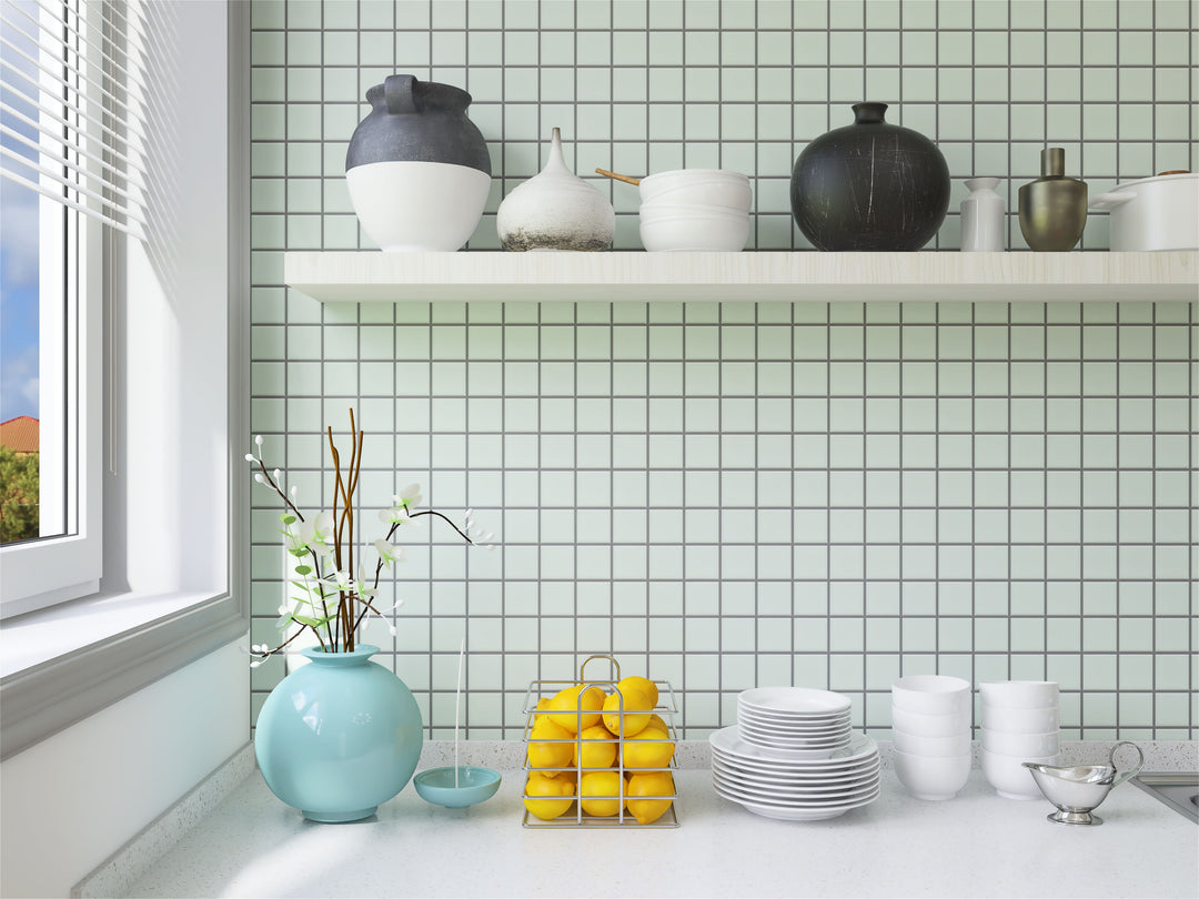 A bright and versatile space featuring Porcelain Glazed Mosaics White 2" Square Matte, enhancing any design with timeless simplicity.