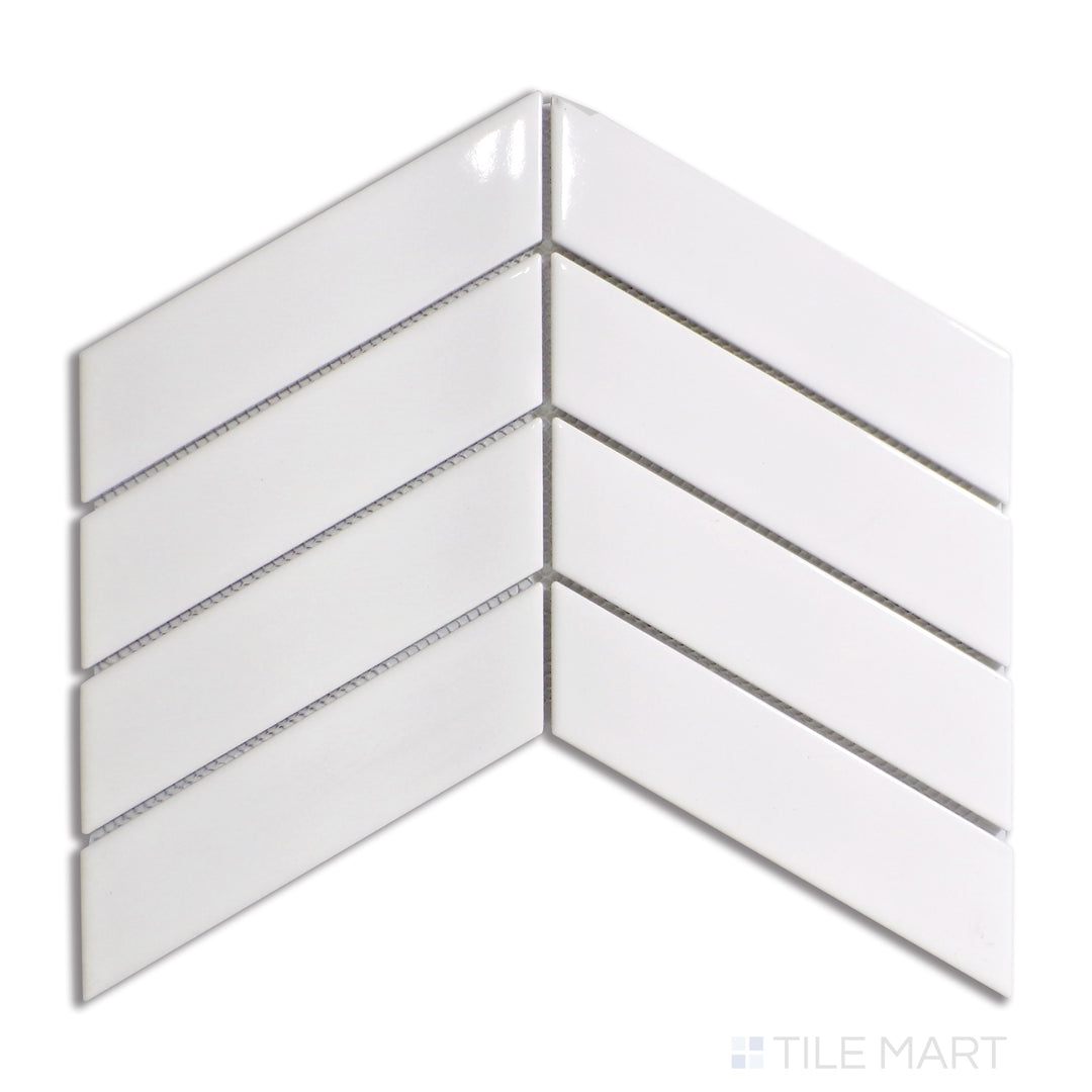 Top-down perspective of glossy white chevron-patterned porcelain mosaic tiles, exuding a sleek and elegant feel.